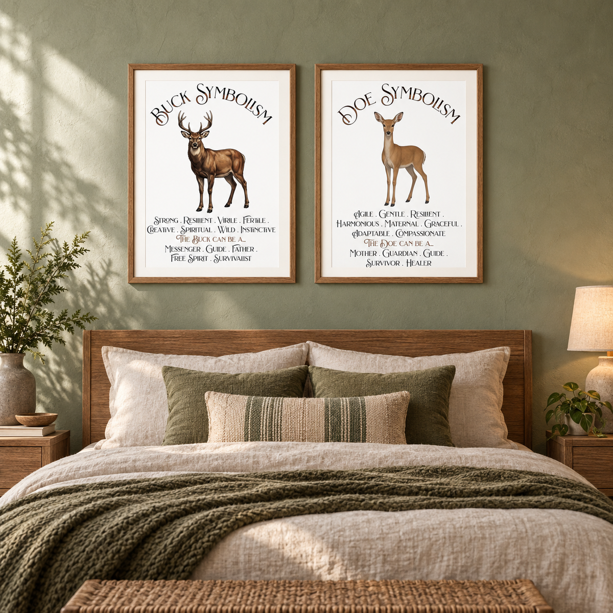 Two framed Buck Symbolism and Doe Symbolism art prints hang on a sage green wall above a bed with green and neutral-toned bedding and pillows in a forest-themed bedroom.