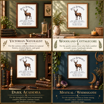 A 2x2 collage featuring four framed buck symbolism art prints and text labels: Victorian Naturalist, Woodland Cottagecore, Dark Academia, and Mystical / Whimsigoth. Each print is displayed in a styled interior scene with books, plants, and other themed decor.