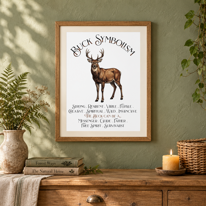 A framed art print featuring a deer illustration and the text 'Buck Symbolism' displayed on a sage green wall above a wooden console table, styled with a vase of ferns, books, a candle, and a basket.