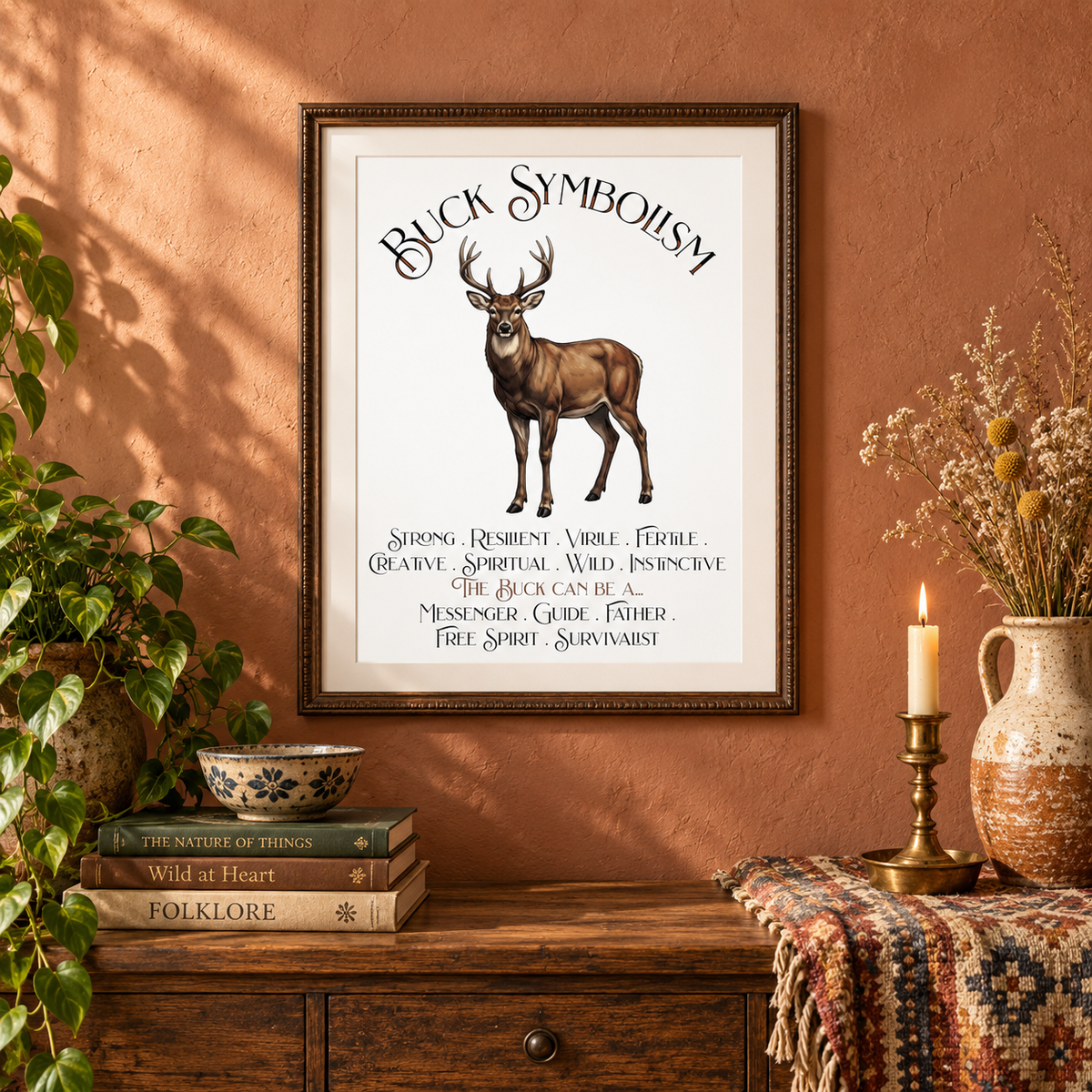 A framed art print featuring a deer illustration and the text 'Buck Symbolism' displayed on a terracotta wall above a rustic wooden console table, styled with books, a bowl, a candle, a potted plant, and a vase of flowers.