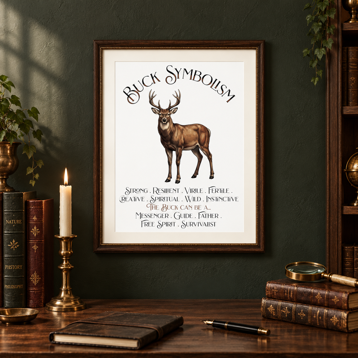 A framed art print titled 'Buck Symbolism' featuring a brown buck illustration and text on an off-white background, displayed on a dark green wall above a wooden desk with books, a candle, and a notebook.