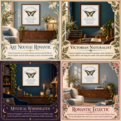 A four-panel decorative graphic showing framed wall art designs with butterflies and text labels: Art Nouveau Romantic, Victorian Naturalist, Mystical Whimsigoth, and Romantic Eclectic. Each panel includes an interior room scene with furniture, plants, and lamps, plus ornate border artwork.