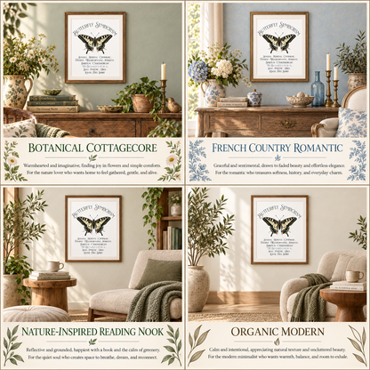 A four-panel collage showing framed butterfly symbolism wall art in different interior settings. Each panel includes a butterfly and text design with a title: Botanical Cottagecore, French Country Romantic, Nature-Inspired Reading Nook, and Organic Modern.