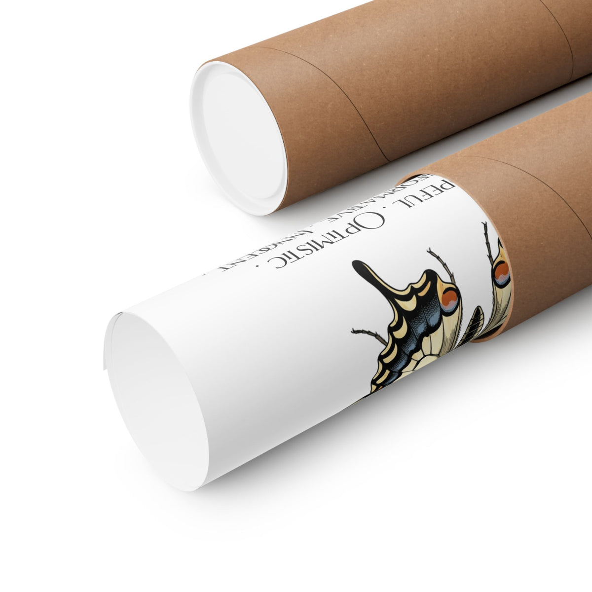 Two brown cardboard mailing tubes on a white background, with one tube opened to reveal a printed poster or art print inside. The visible print has a white background with black text and a butterfly illustration in black, blue, and yellow.