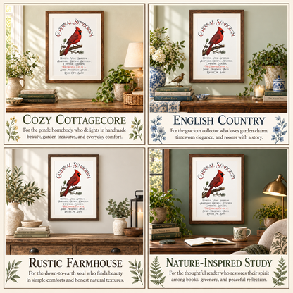 A 2x2 collage showing four Cardinal Symbolism art prints in different decorative room settings, labeled Cozy Cottagecore, English Country, Rustic Farmhouse, and Nature-Inspired Study.