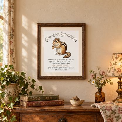 A framed art print featuring 'Chipmunk Symbolism' hanging on a beige wall above a rustic wooden console table decorated with books, a pottery cup with an acorn decoration, a potted plant, a vase of flowers, and a lamp.