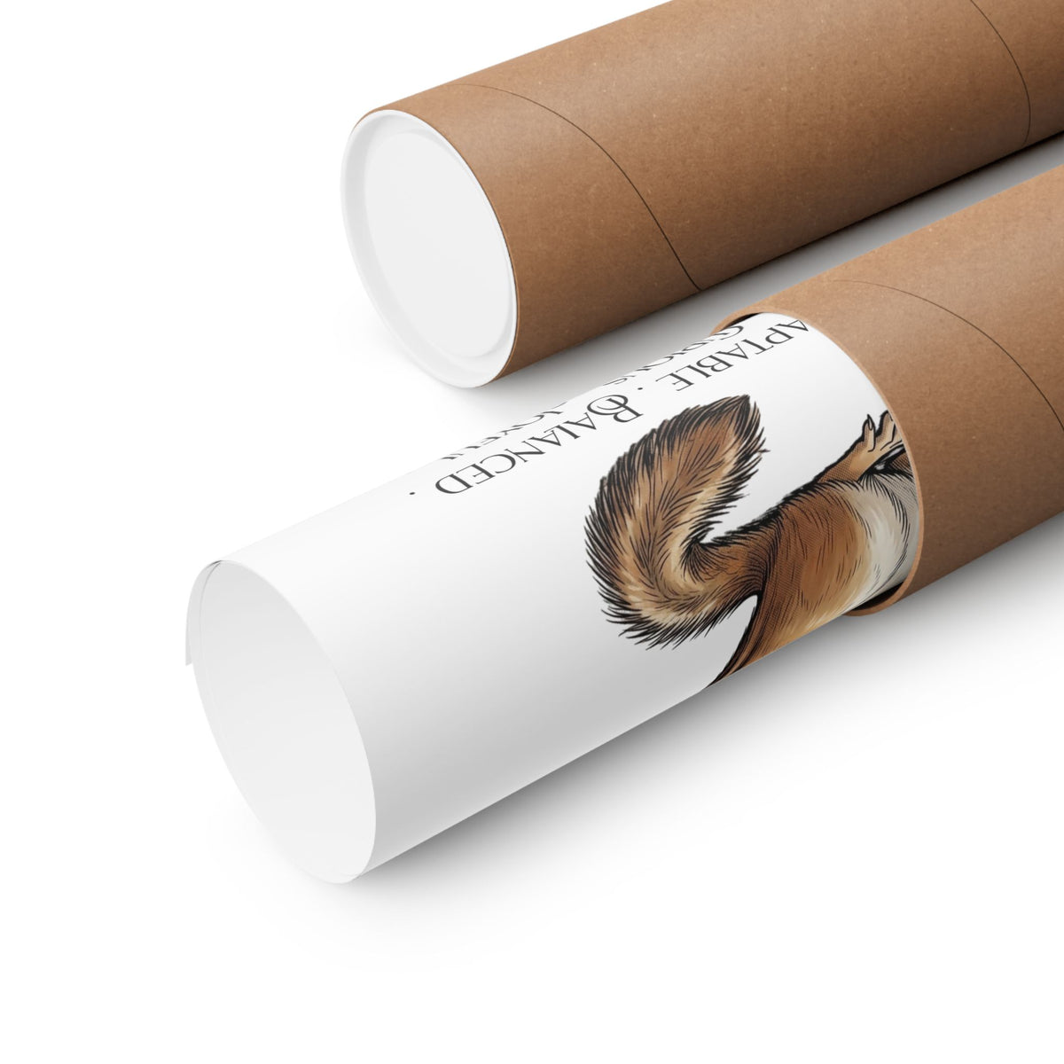 Two brown kraft paper poster tubes on a white background, with one tube opened to reveal a rolled up printed poster.