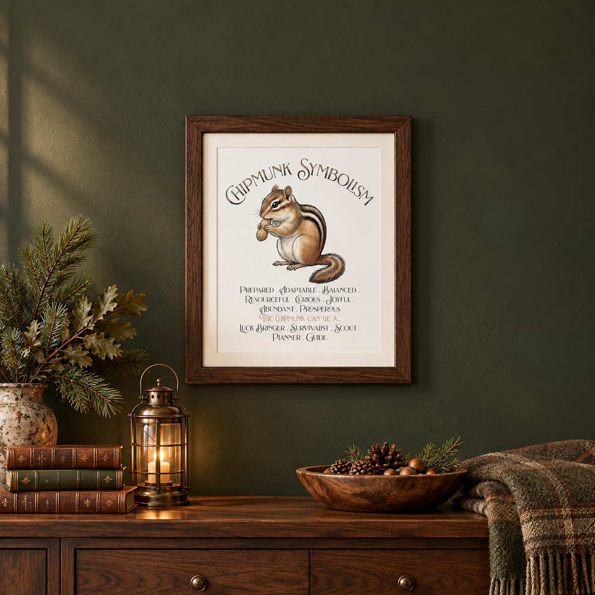 A framed art print featuring a chipmunk illustration and the text 'Chipmunk Symbolism' is displayed on a dark green wall above a wooden console table with a lantern, books, a bowl of nuts, vase of greenery, and a green plaid blanket.