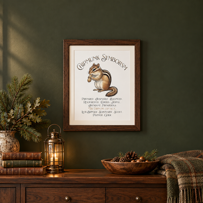 A framed art print featuring a chipmunk illustration and the text 'Chipmunk Symbolism' is displayed on a dark green wall above a wooden console table with a lantern, books, a bowl of nuts, vase of greenery, and a green plaid blanket.