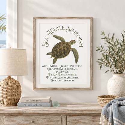 A framed art print featuring a sea turtle illustration and the text 'Sea Turtle Symbolism' displayed on a light wall above a wooden console table with a lamp, books, small woven basket, light blue blanket, and a plant.