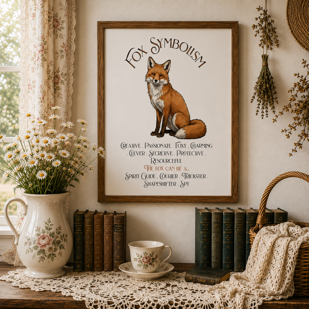 A framed art print featuring a red fox illustration and the text 'Fox Symbolism' is displayed on a wall in a cozy, cottage setting with books, a teacup, a vase of daisies, and dried flowers.