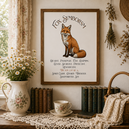 A framed art print featuring a red fox illustration and the text 'Fox Symbolism' is displayed on a wall in a cozy, cottage setting with books, a teacup, a vase of daisies, and dried flowers.
