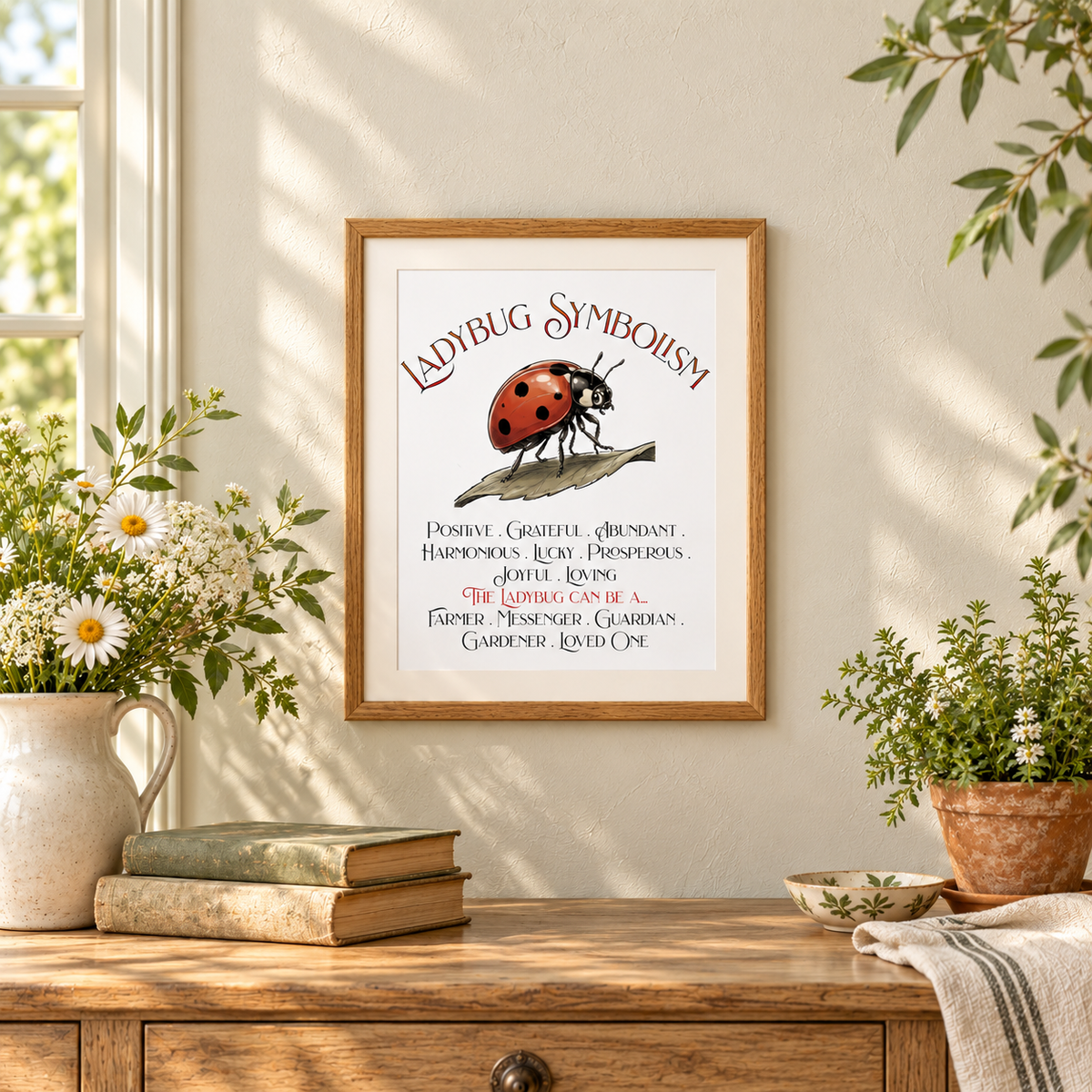 A framed Ladybug Symbolism art print is displayed on a light beige wall above a aged wooden table with a potted plant, books, towel, and pitcher of flowers.