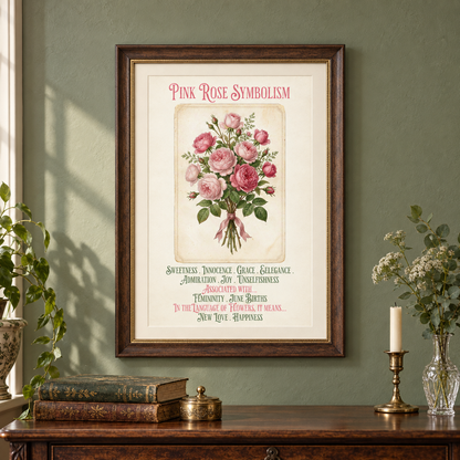 A framed vintage-style art print titled 'Pink Rose Symbolism' hangs on a sage green wall above a wooden console table with books, a candle, a small brass box, and a vase of flowers.