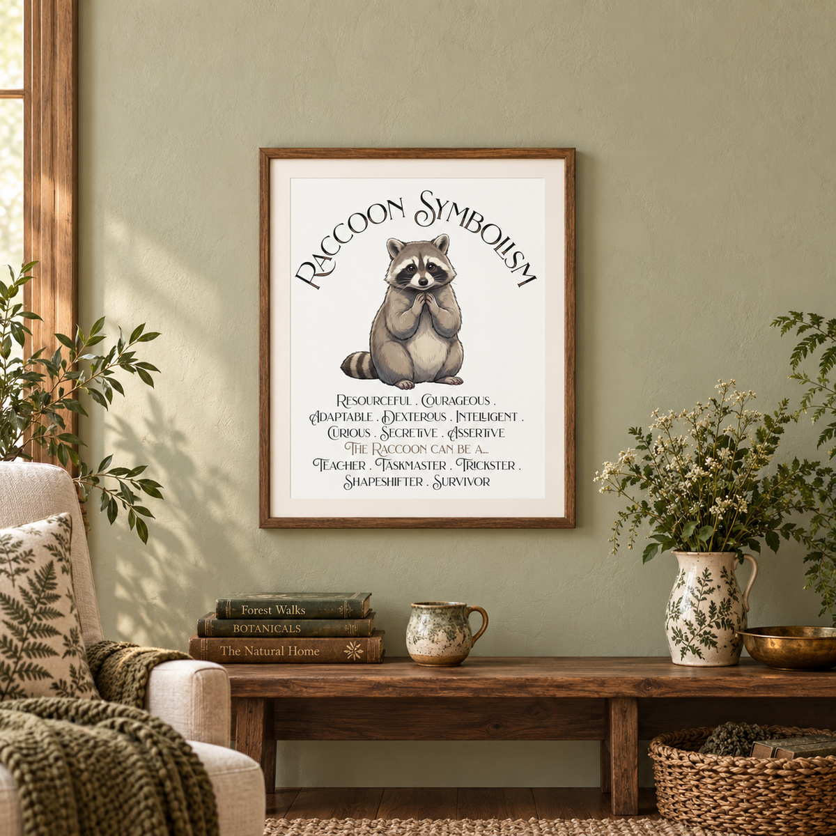 A framed art print featuring a raccoon with the title 'Raccoon Symbolism' displayed on a wall above a wooden console table that is decorated with books and a pitcher of woodland fronds. Nearby is a chair with a pillow and blanket.