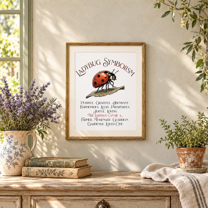 A framed art print featuring Ladybug Symbolism with a red ladybug illustration and text, displayed on a beige wall above a rustic wooden table with potted plants, a pitcher of lavender, and books.