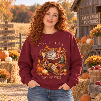 A woman with curly red hair stands outdoors in a fall-themed setting wearing a burgundy crewneck sweatshirt with a cozy owl curled up in a basket with pillows and a plaid blanket. Surrounding the illustration is the text 'THANKFUL FOR A COZY HARVEST'.