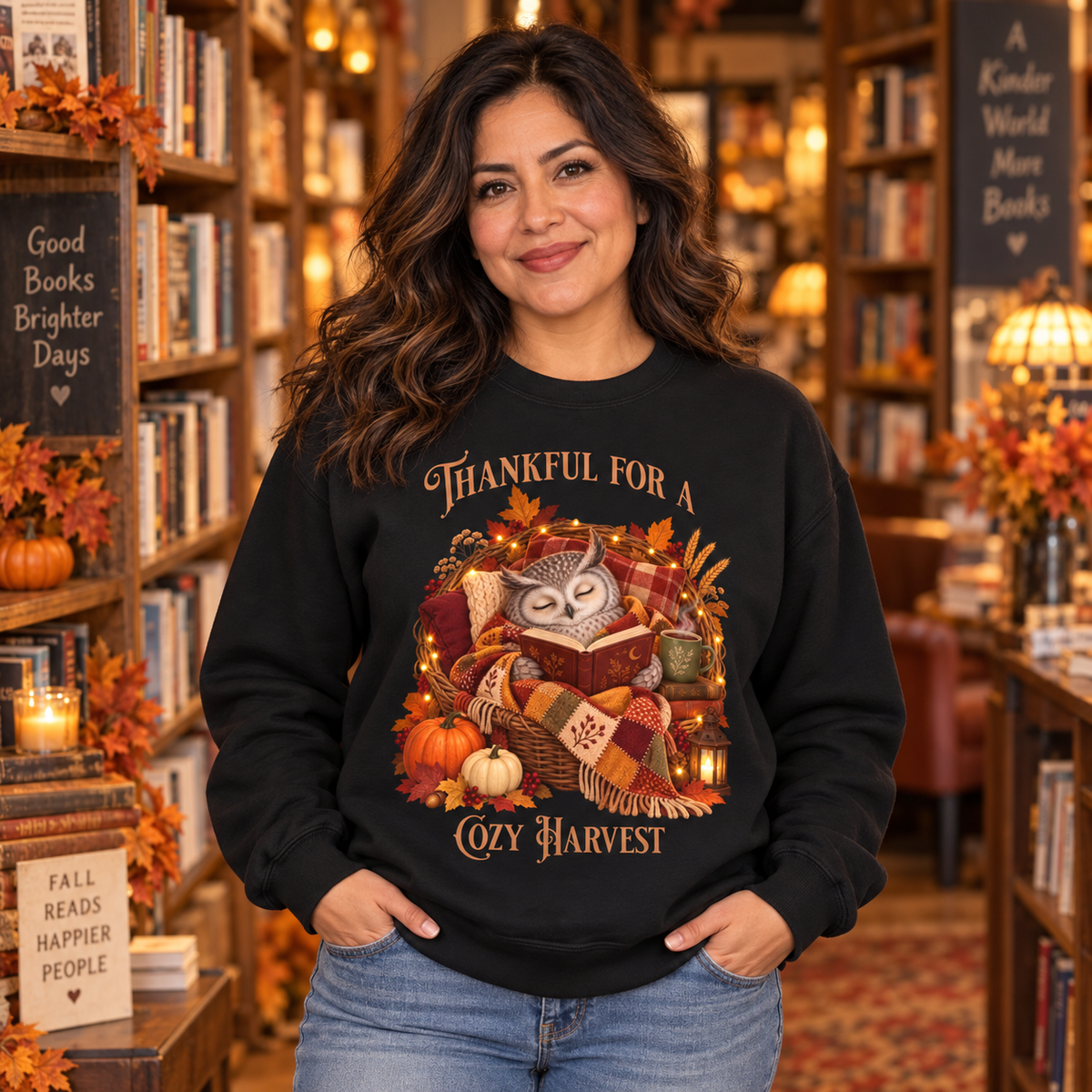 A woman wearing a black crewneck sweatshirt with a cozy autumn owl curled in a blanket surrounded by the text 'Thankful For a Cozy Harvest'. The woman stands in a warmly lit bookshop.