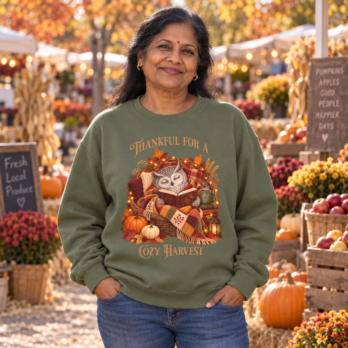 A woman wearing an olive green sweatshirt with a cozy autumn harvest graphic featuring an owl, pumpkins, and the text 'Thankful For a Cozy Harvest'. The woman is standing in an outdoor fall market setting.