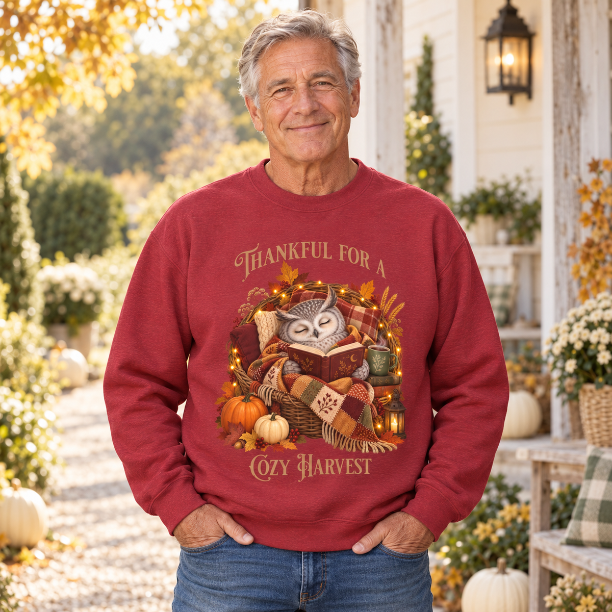 A smiling older man stands outdoors wearing a burgundy crewneck sweatshirt with a large autumn owl graphic and the text 'Thankful for a Cozy Harvest.' The background shows a porch and garden path with pumpkins and fall foliage.