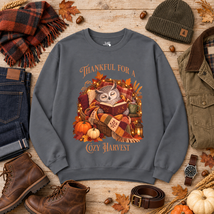 A dark gray crewneck sweatshirt with a cozy autumn owl graphic, styled in a flat lay with fall-themed masculine outfit, including jeans, boots, a wristwatch, a beanie, a jacket, and a scarf on a wooden background.