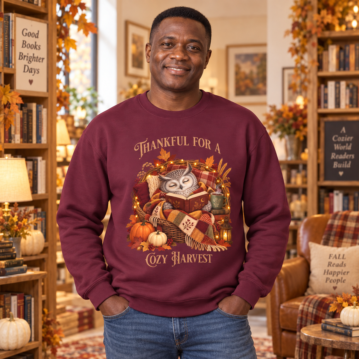 A smiling man wearing a maroon crewneck sweatshirt with a cozy autumn owl graphic and the text 'Thankful For A Cozy Harvest', standing in a warmly lit bookshop interior.