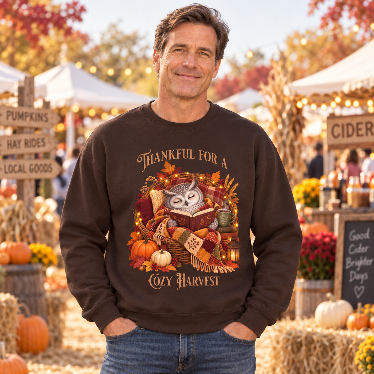 A man wearing a dark brown crewneck sweatshirt with an autumn-themed owl graphic and the text 'THANKFUL FOR A COZY HARVEST' stands outdoors at a fall market with pumpkins, hayrides, and cider stalls in the background.