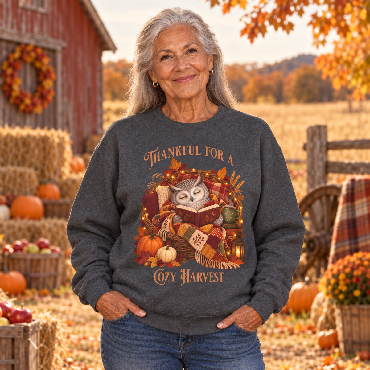 A woman stands outdoors in a fall-themed setting wearing a dark heather gray crewneck sweatshirt with a large graphic of an owl curled in a basket surrounded by pumpkins, autumn leaves, and a steaming drink. The text on the sweatshirt reads 'Thankful For A Cozy Harvest'.