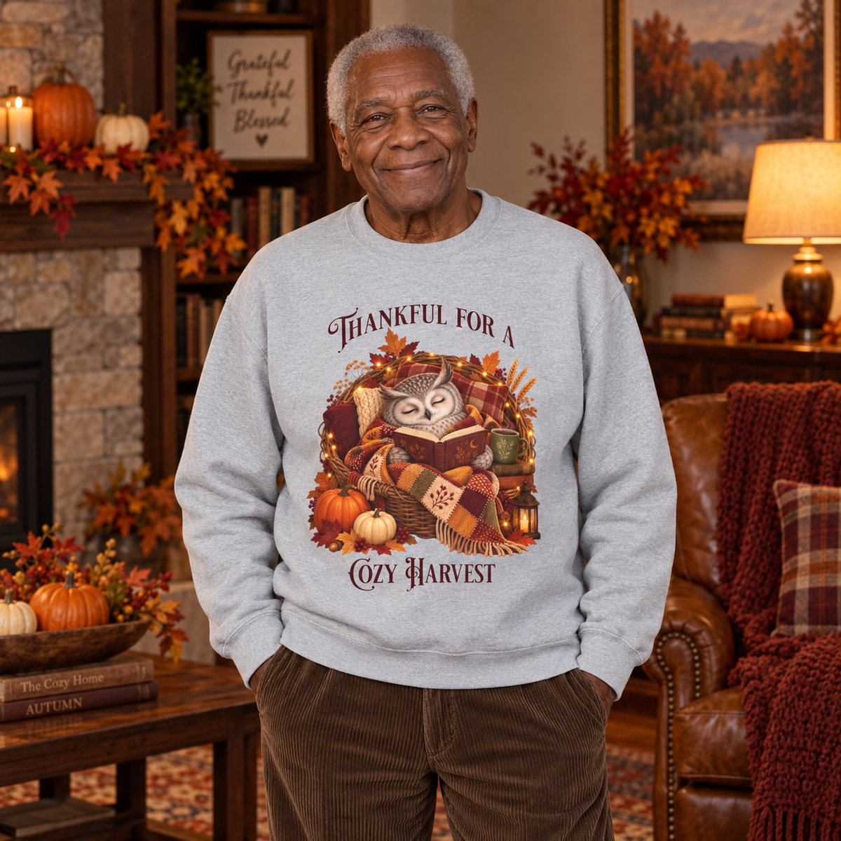 An older man stands in a cozy living room wearing a light gray crewneck sweatshirt with a detailed autumn illustration of a napping owl, pumpkins, and fall leaves, with the text 'THANKFUL FOR A COZY HARVEST'.