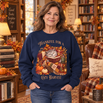 A woman stands in a cozy, book-filled autumn-themed room wearing a navy blue sweatshirt with a detailed graphic of an owl curled in a blanket and holding a book while surrounded by pumpkins and fall leaves. The text on the sweatshirt reads, 'Thankful For A Cozy Harvest'.