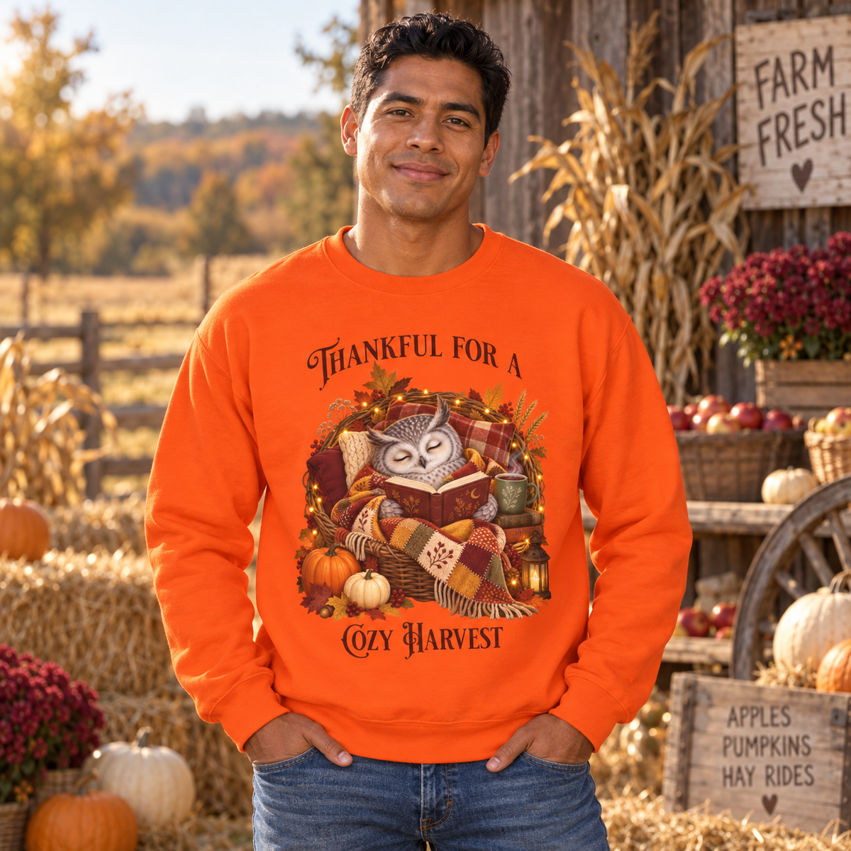 A man wearing a bright orange crewneck sweatshirt with a cozy autumn owl graphic and the text 'Thankful For A Cozy Harvest'. He is standing in a rustic fall-themed outdoor setting with hay, pumpkins, and a wooden sign.