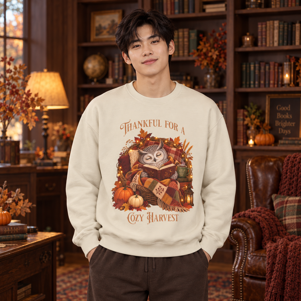 A man wearing a cream-colored sweatshirt with a detailed autumn owl graphic and the text 'Thankful For a Cozy Harvest'. He is standing in a cozy, warmly lit home library with bookshelves, a leather armchair, and pumpkins.