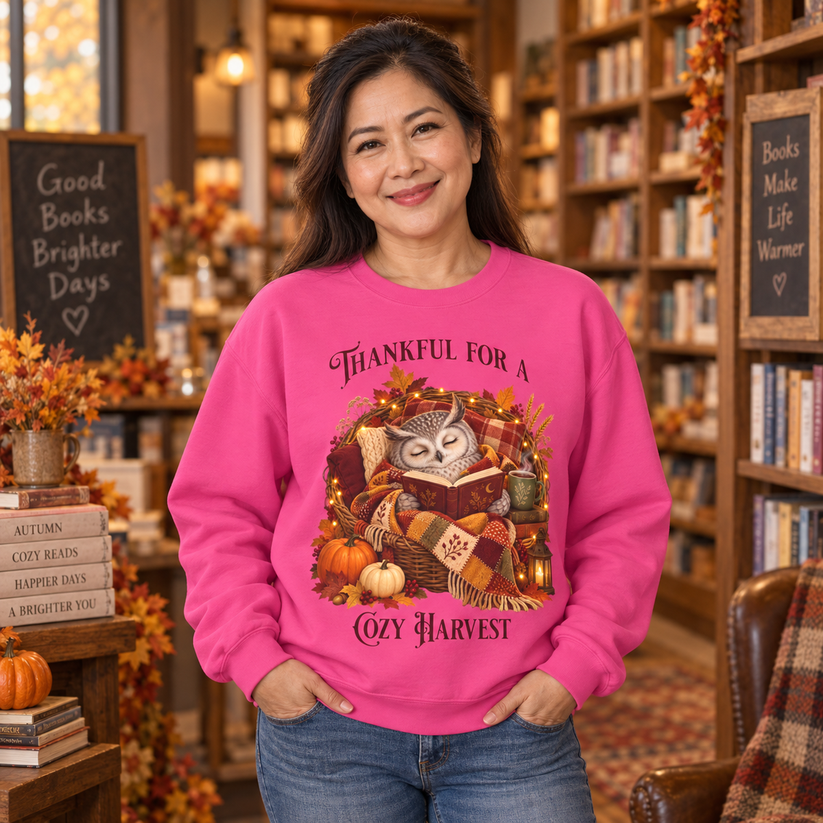 A woman wearing a bright pink sweatshirt with an autumn owl graphic and the text 'Thankful For A Cozy Harvest'. She stands in a cozy bookshop setting.
