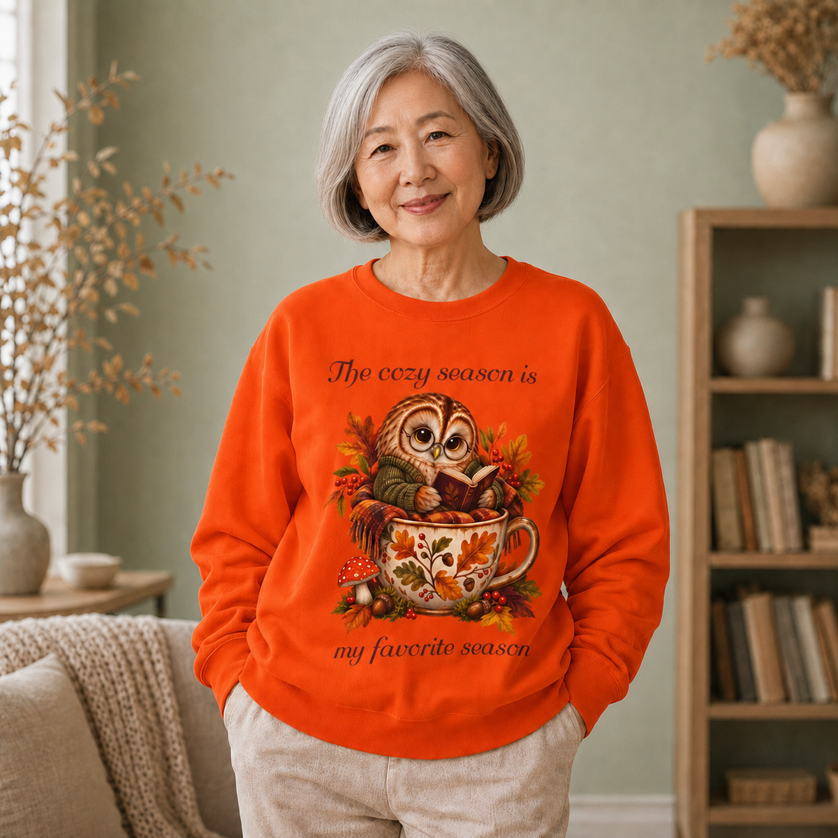 An older woman stands indoors wearing a bright orange crewneck sweatshirt with a large autumn owl graphic and the text, 'The cozy season is my favorite season.' The woman is also wearing light beige pants in a softly lit room with a bookshelf, sofa, and vase in the background.