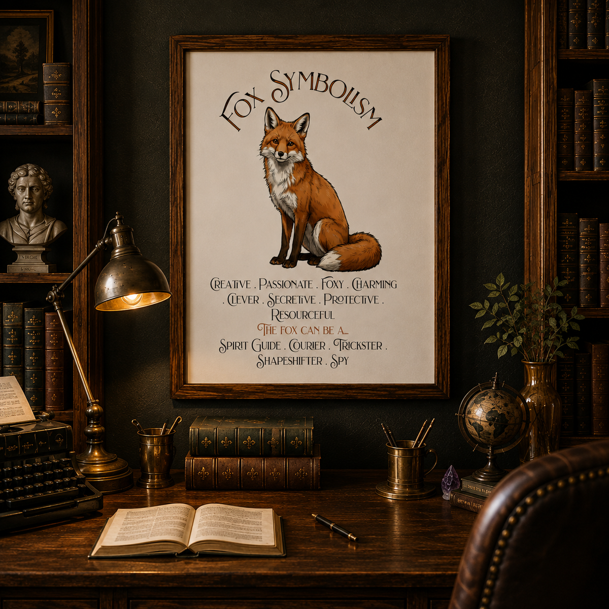 A framed vintage-style poster featuring a fox illustration and the text 'Fox Symbolism' hangs on a dark wall above a wooden desk in a styled study setting with books, a lamp, and a chair.