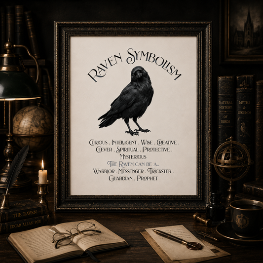 A framed art print featuring a black raven illustration and the text 'Raven Symbolism' on a dark wood desk surrounded by vintage books, a lamp, glasses, and a candle.