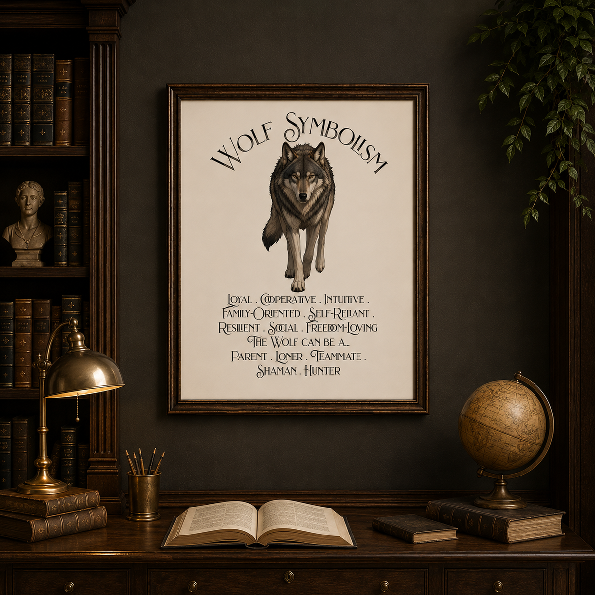 A framed wall art print featuring a wolf illustration and the text 'WOLF SYMBOLISM' hangs on a dark wall above a wooden desk with books, a lamp, and a globe.