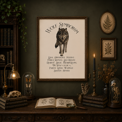 A framed art print titled 'WOLF SYMBOLISM' featuring a gray wolf illustration and symbolic text on an off-white background, displayed on a dark wooden desk in a moody, vintage-style room with books, a lamp, and dried botanicals.