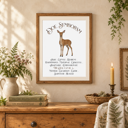 A framed art print featuring the text 'Doe Symbolism' and an illustration of a doe with a list of qualities, displayed on a beige wall above a wooden console table with books and a candle.