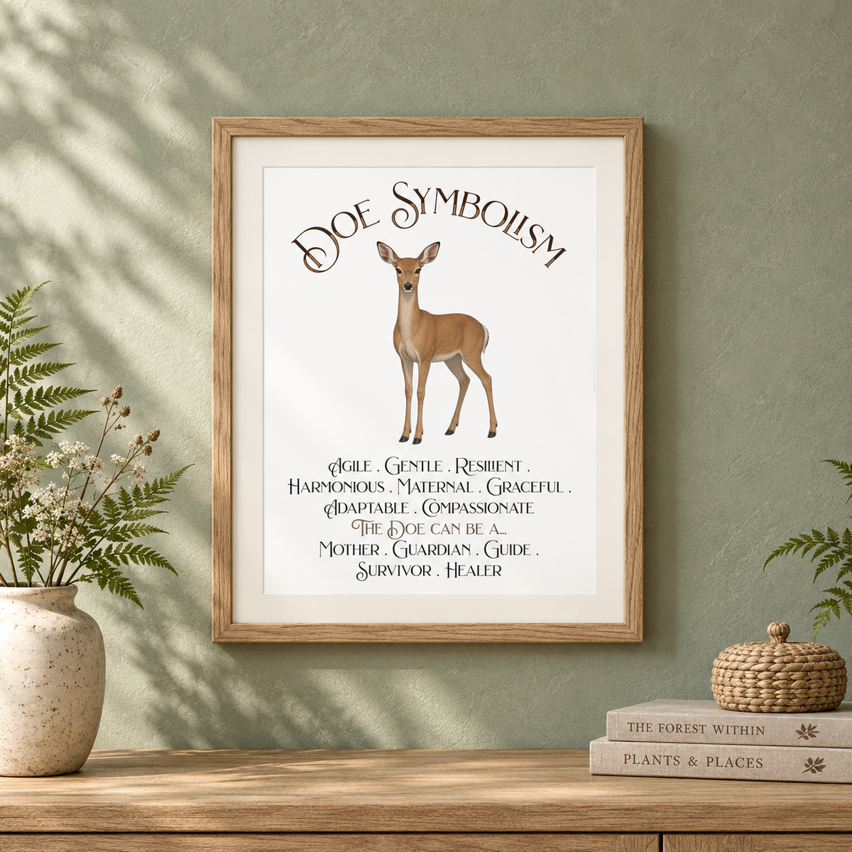 A framed art print featuring the 'Doe Symbolism' deer illustration and text, styled on a wooden shelf in a home decor setting with plants and books against a sage green wall.