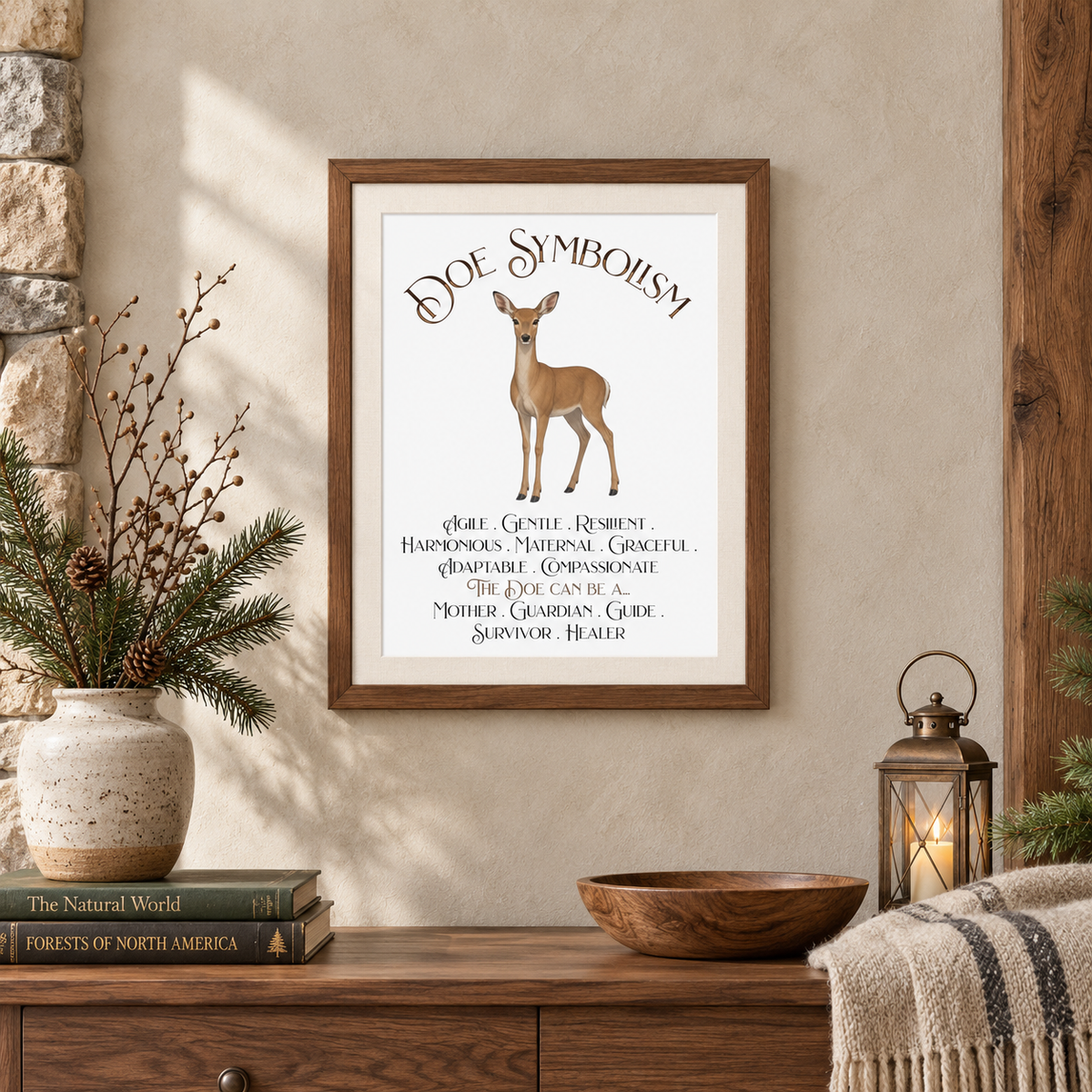 A framed art print featuring a deer illustration and the text 'DOE SYMBOLISM' is displayed on a beige wall in a rustic room setting with a wooden console table, a bowl, a vase of pine branches on top of two books, a lantern, and a blanket.