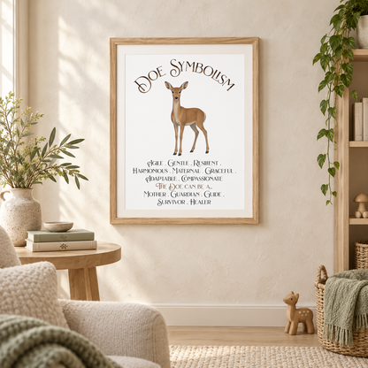 A framed art print featuring 'Doe Symbolism' with an illustration of a doe and text describing qualities, displayed on a beige wall in a nursery setting.