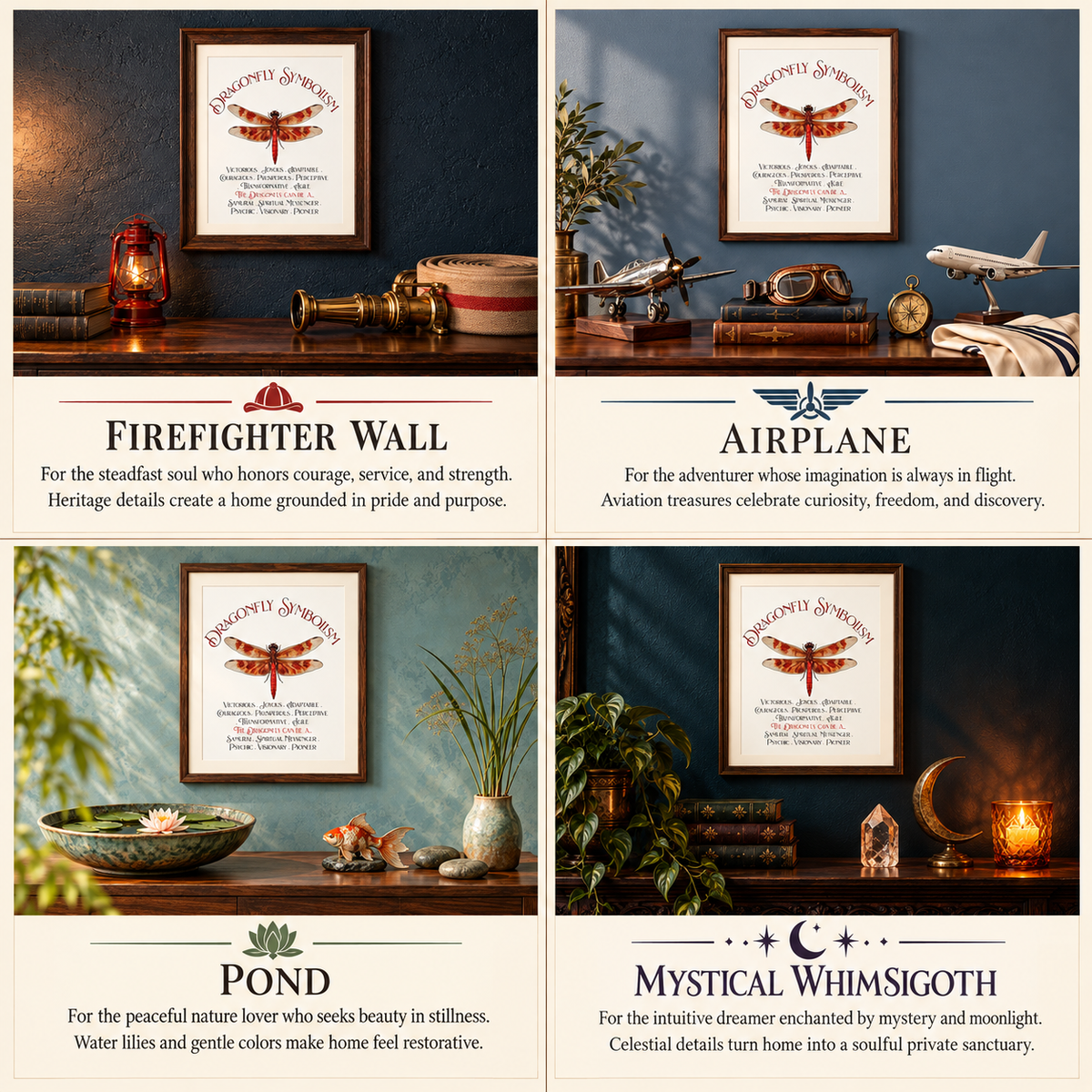 A four-panel collage showing framed dragonfly symbolism art prints, each styled in a different room setting: Firefighter Wall, Airplane, Pond, and Mystical Whimsigoth.