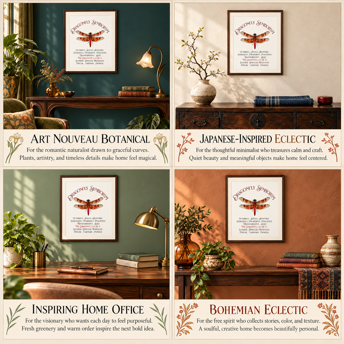 A 2x2 collage showing four framed art prints with dragonfly illustrations in different home office settings. The prints are labeled 'Art Nouveau Botanical', 'Japanese-Inspired Eclectic', 'Inspiring Home Office', and 'Bohemian Eclectic' with decorative text banners below each scene.