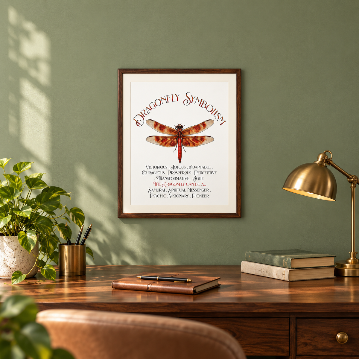 A framed art print featuring a dragonfly illustration and the words 'Dragonfly Symbolism' hangs on a sage green wall above a wooden desk with a plant, cup of pens, notebook with pen, books, and a brass lamp.