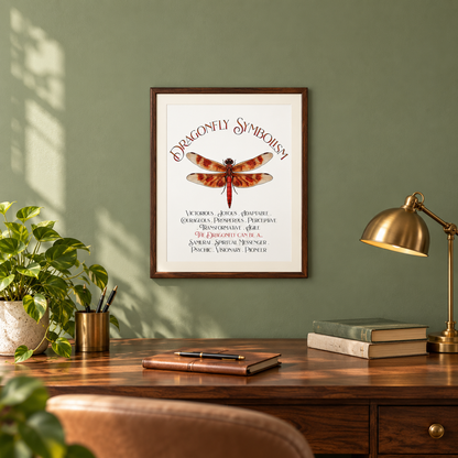 A framed art print featuring a dragonfly illustration and the words 'Dragonfly Symbolism' hangs on a sage green wall above a wooden desk with a plant, cup of pens, notebook with pen, books, and a brass lamp.