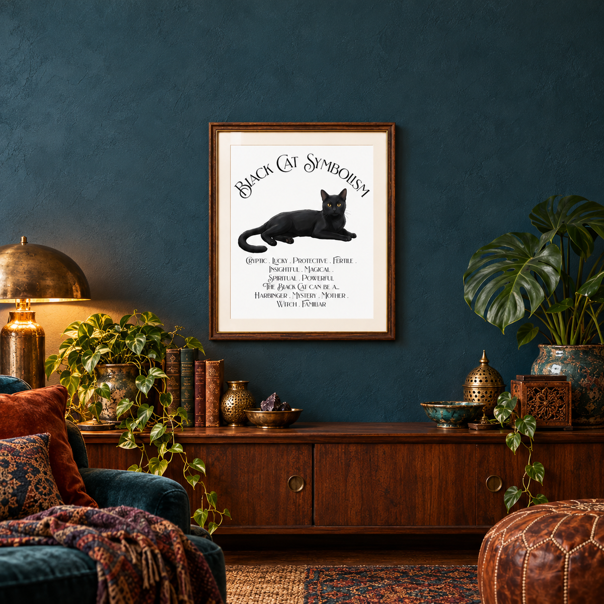A framed black cat symbolism art print hangs on a dark blue wall in a styled living room setting with a wooden console table, plants, and warm ambient lighting. There is a blue velvet chair with pillows and a blanket. The table is covered with potted plants, books, a box, and bowls.