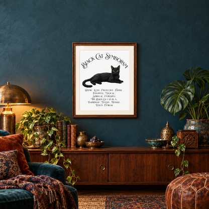 A framed black cat symbolism art print hangs on a dark blue wall in a styled living room setting with a wooden console table, plants, and warm ambient lighting. There is a blue velvet chair with pillows and a blanket. The table is covered with potted plants, books, a box, and bowls.