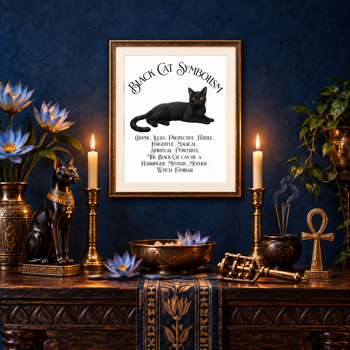 A framed 'Black Cat Symbolism' art print is displayed on a dark blue wall above a decorated wooden console table with a bowl and vase of blue lotuses, a Bastet figure, candles, a sistrum, an ankh figure, and a bowl with incense.