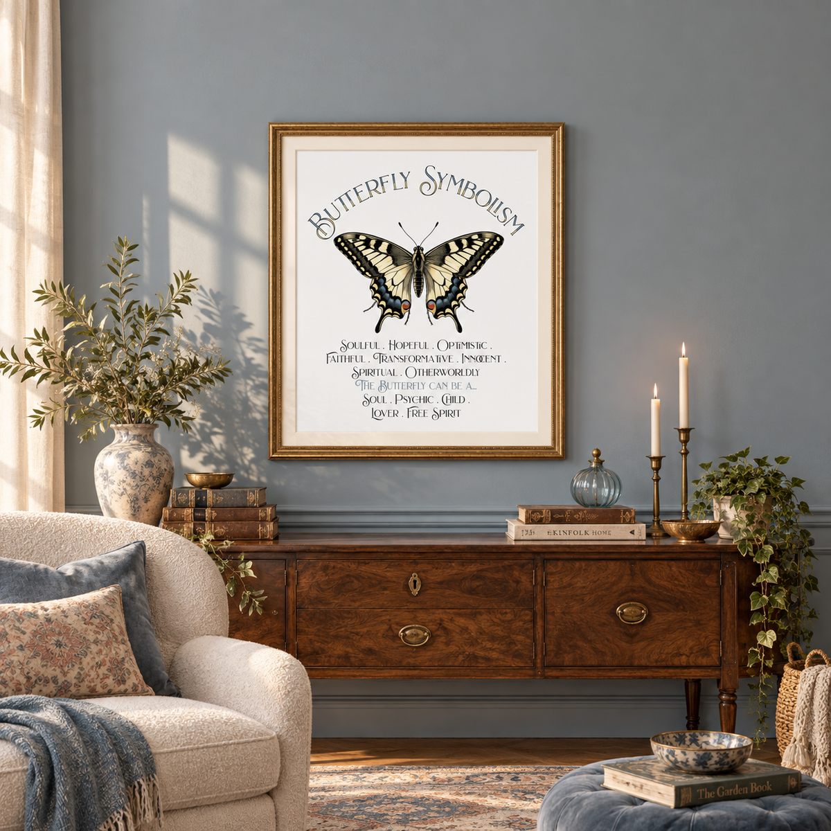 A framed butterfly symbolism art print hangs on a blue-gray wall above a wooden console table in a styled living room. There are candles, stacks of books, a potted plant, and a pot full of branches on the table. There is a chair with pillows and a blue blanket on it, and a puff foot cushion with a book and bowl near a woven basket holding a blanket.